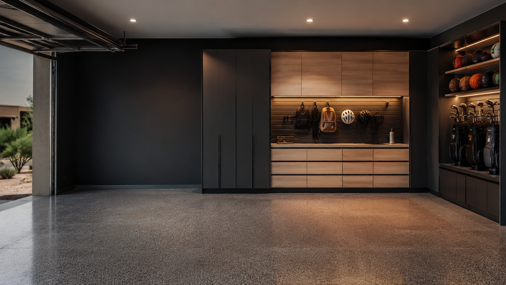 Finished garage with charcoal and natural wood custom cabinetry